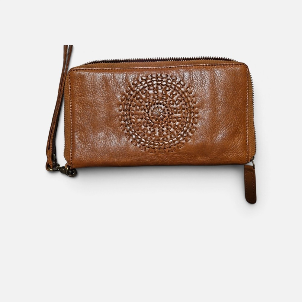 Vintage Valenca WovenLeather Zip Around Wristlet Wallet Cognac Brown  0484